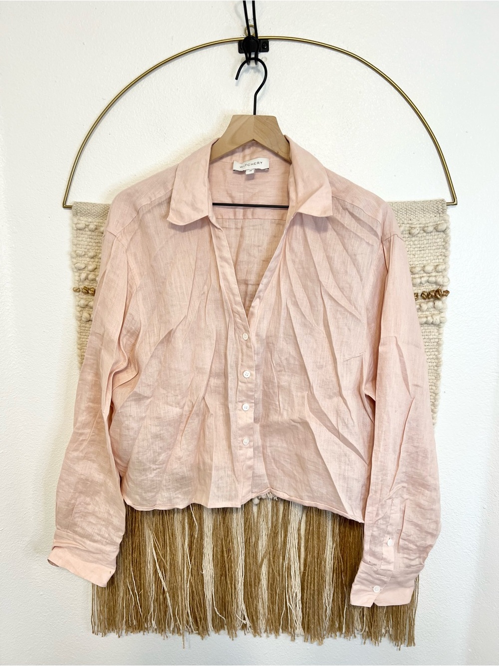 Witchery Pale Pink Linen Cropped Button-Down Shirt 16